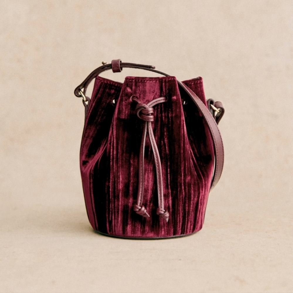 Sezane Farrow Burgundy Velvet Micro Bucket Bag